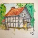 Ink & watercolor painting of an old cottage